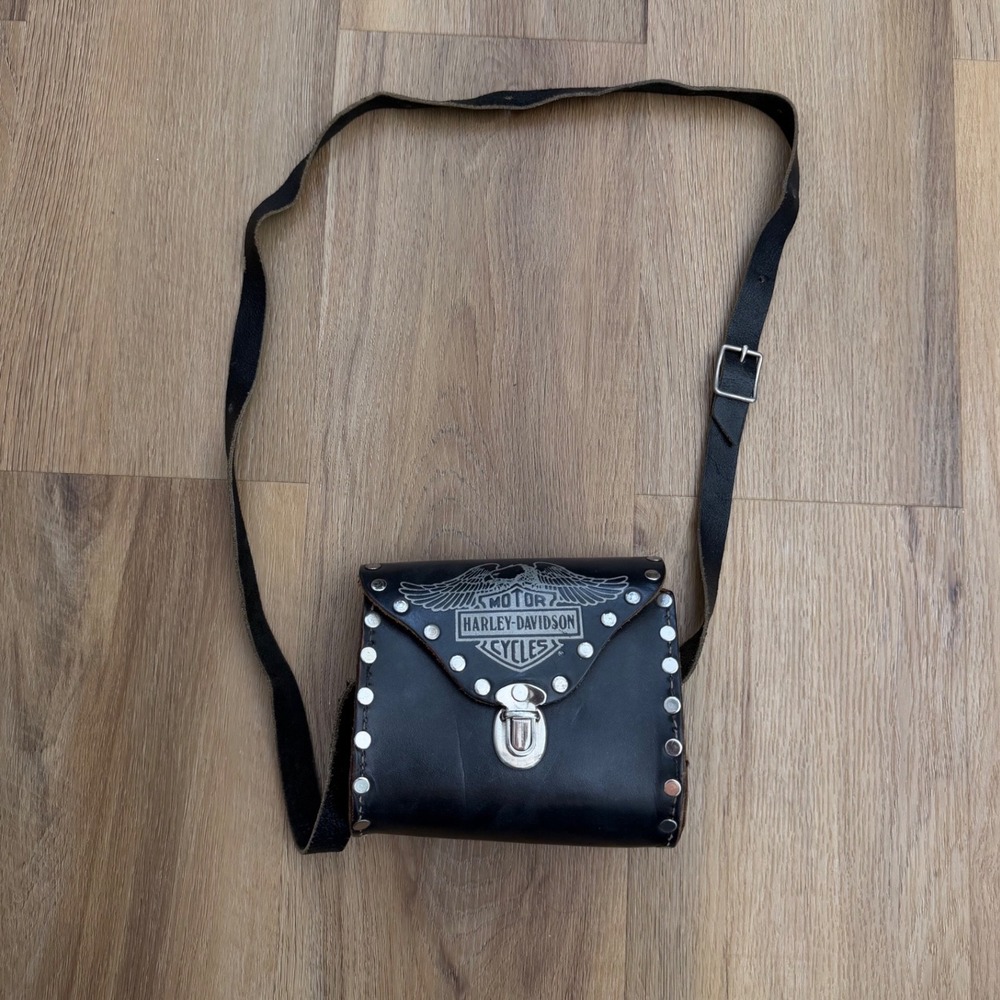 Vintage Harley-Davidson Black Leather Studded Crossbody Bag Eagle Logo Small